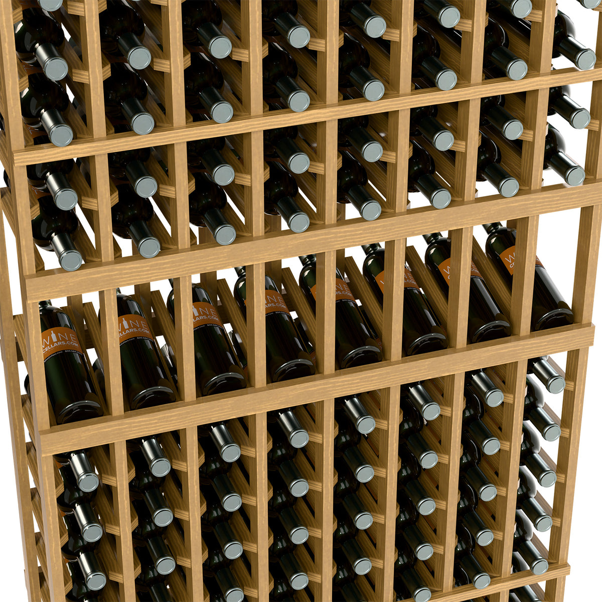 Angled close view of light wood wine rack with bottles in 8-column storage