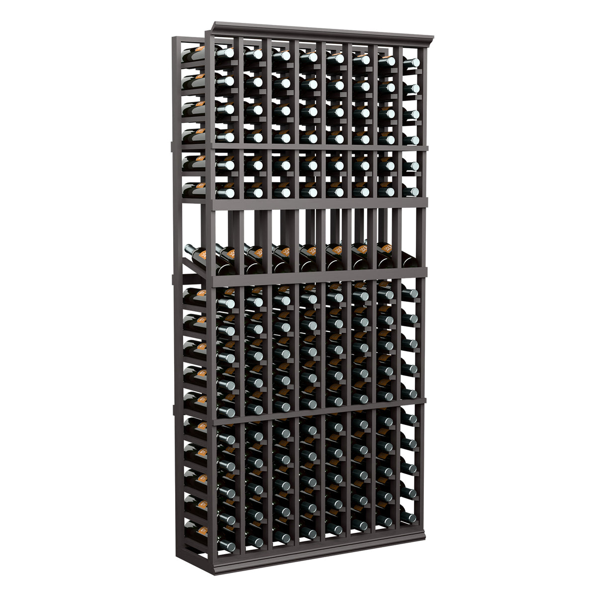 6FT 8-column wine bottle display rack with dark wood frame and vertical bottle slots