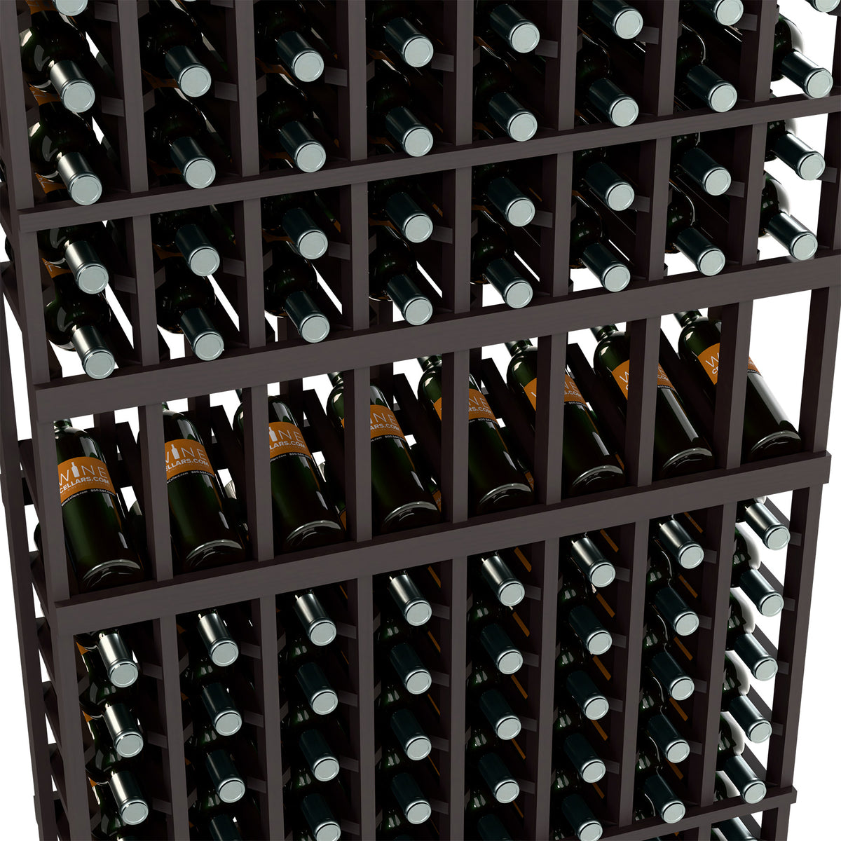Close view of dark wood wine rack with bottles stored in an 8-column grid