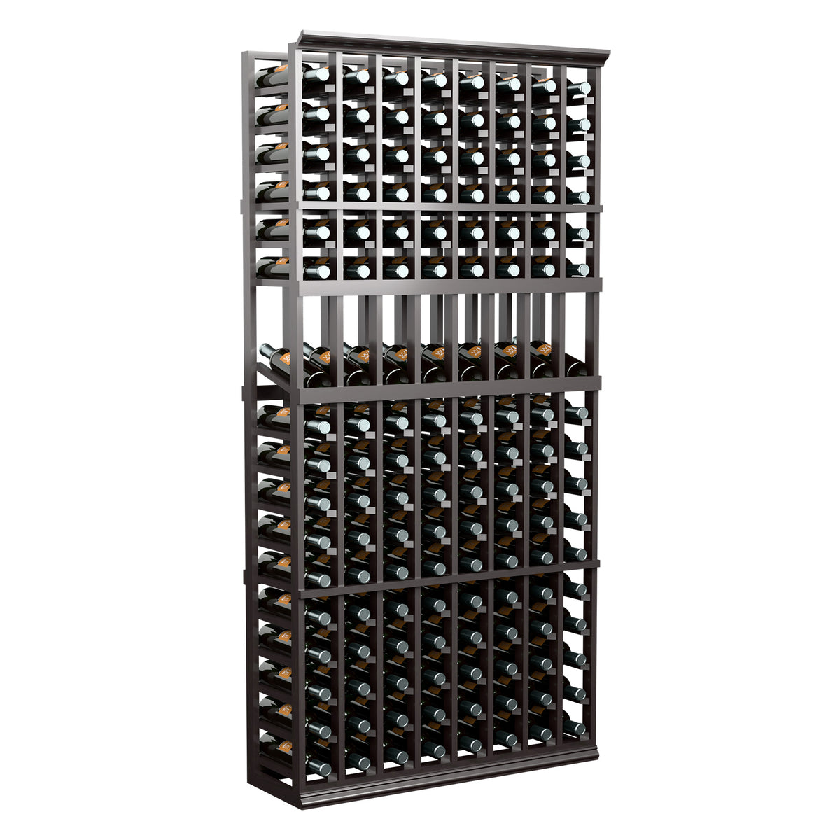 6FT 8-column wine bottle display rack with dark frame and multiple bottle rows