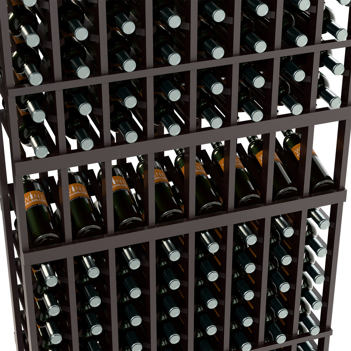 Angled close-up of dark wood wine rack with bottles in 8-column compartments