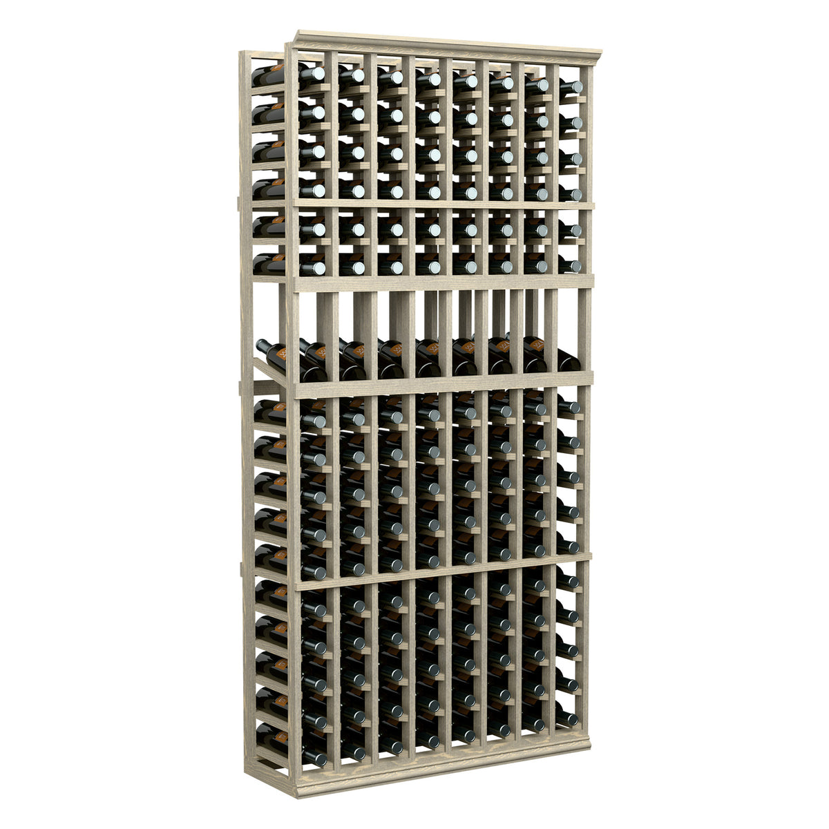 8-column wine display rack with light wood frame, holding bottles in a grid