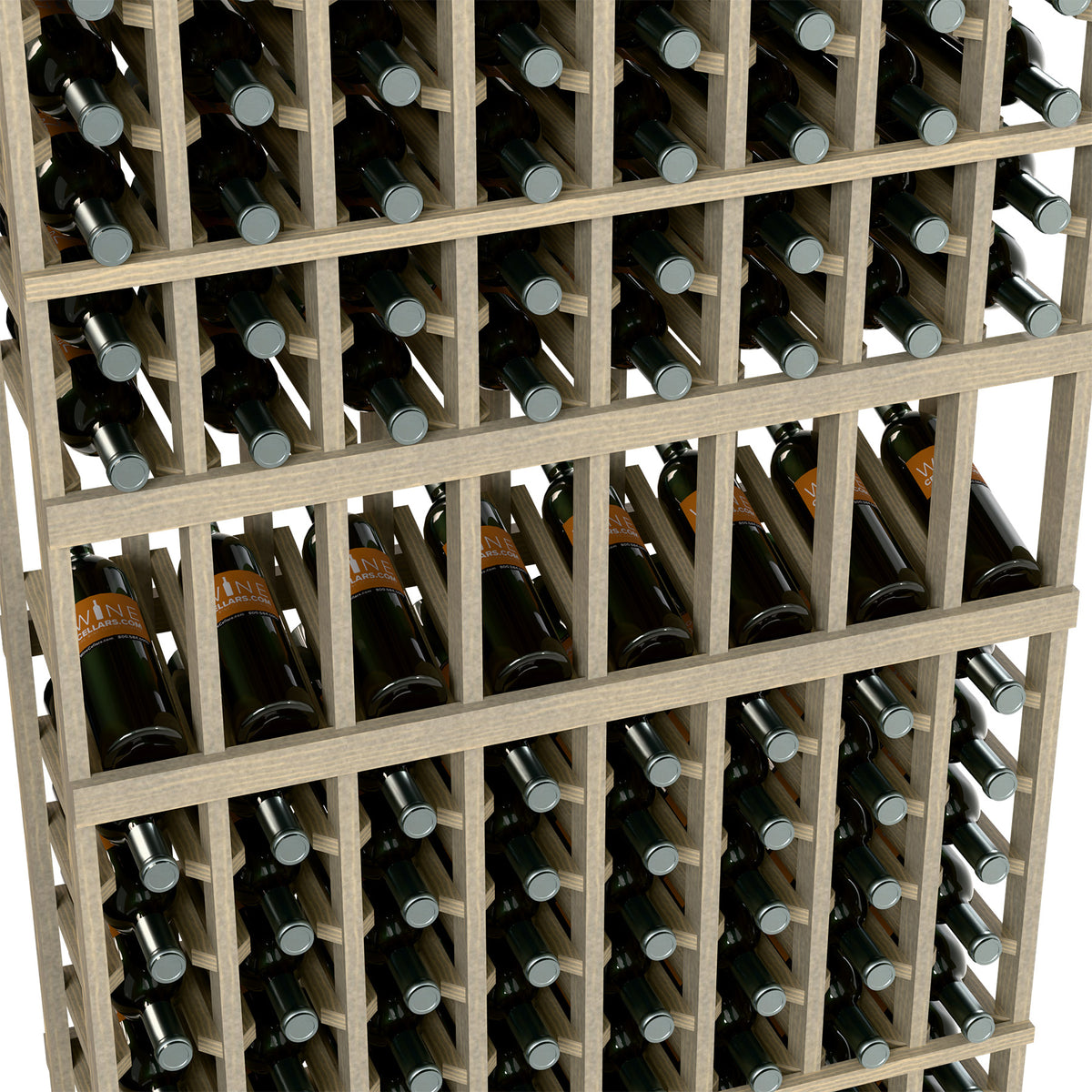 8-column wine rack detail: light wood grid with bottle necks and caps visible