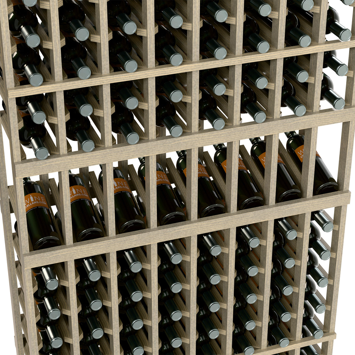 Wine rack section with light wood slats and multiple rows of capped bottles