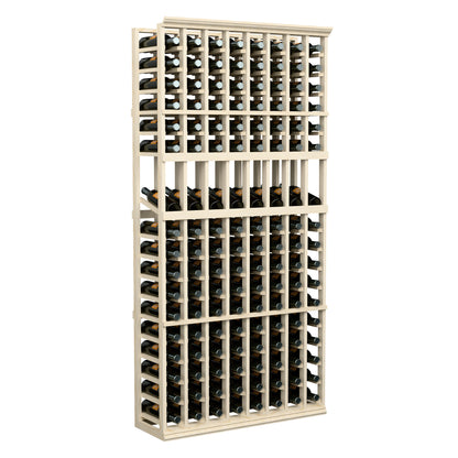 8-column wine display rack with light wood frame and organized bottle storage
