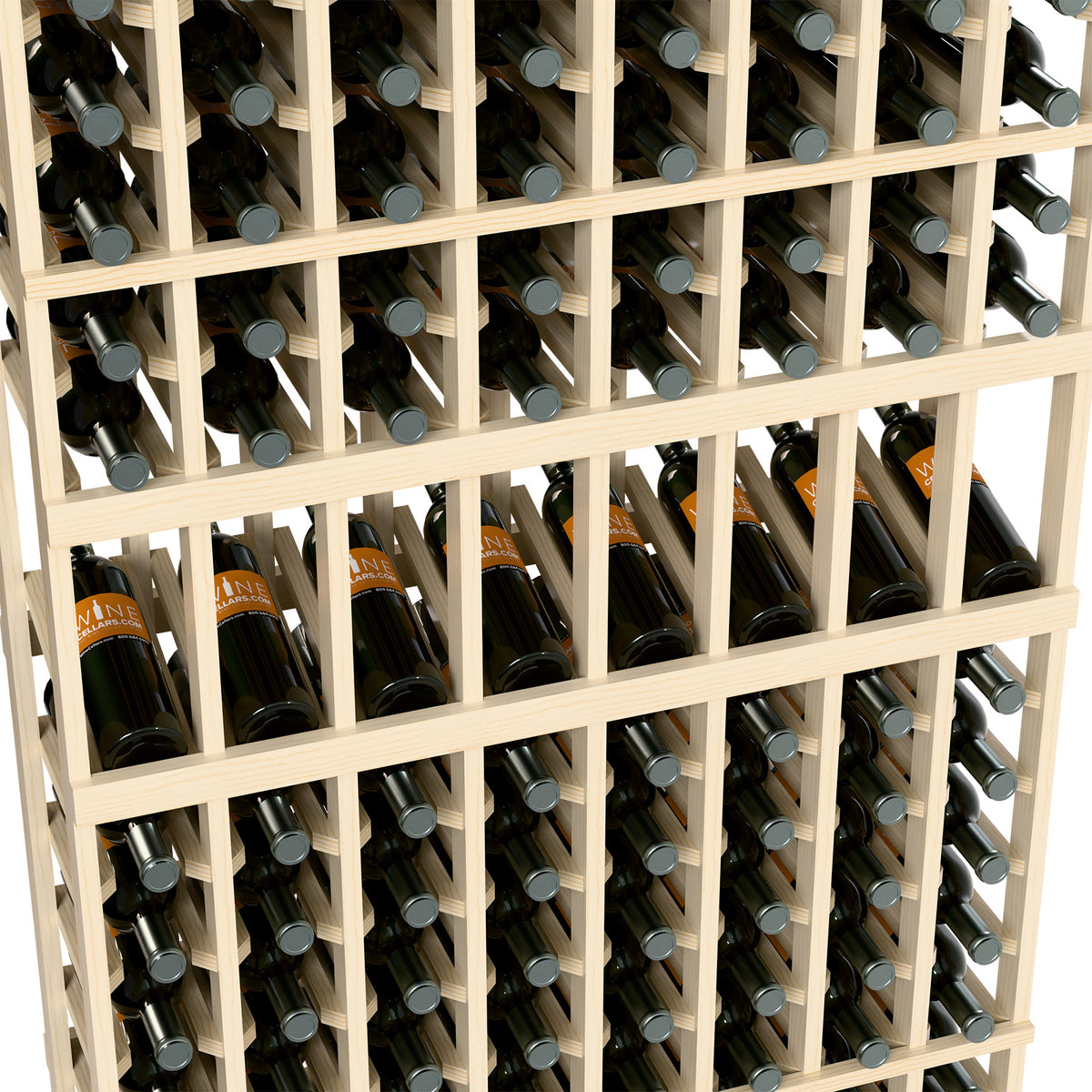 Wine rack close-up: light wood lattice with bottles arranged by column