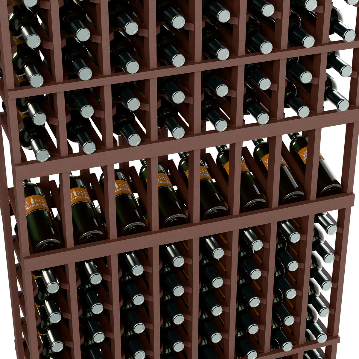 Wine rack close-up: dark wood lattice with bottle necks and silver caps visible