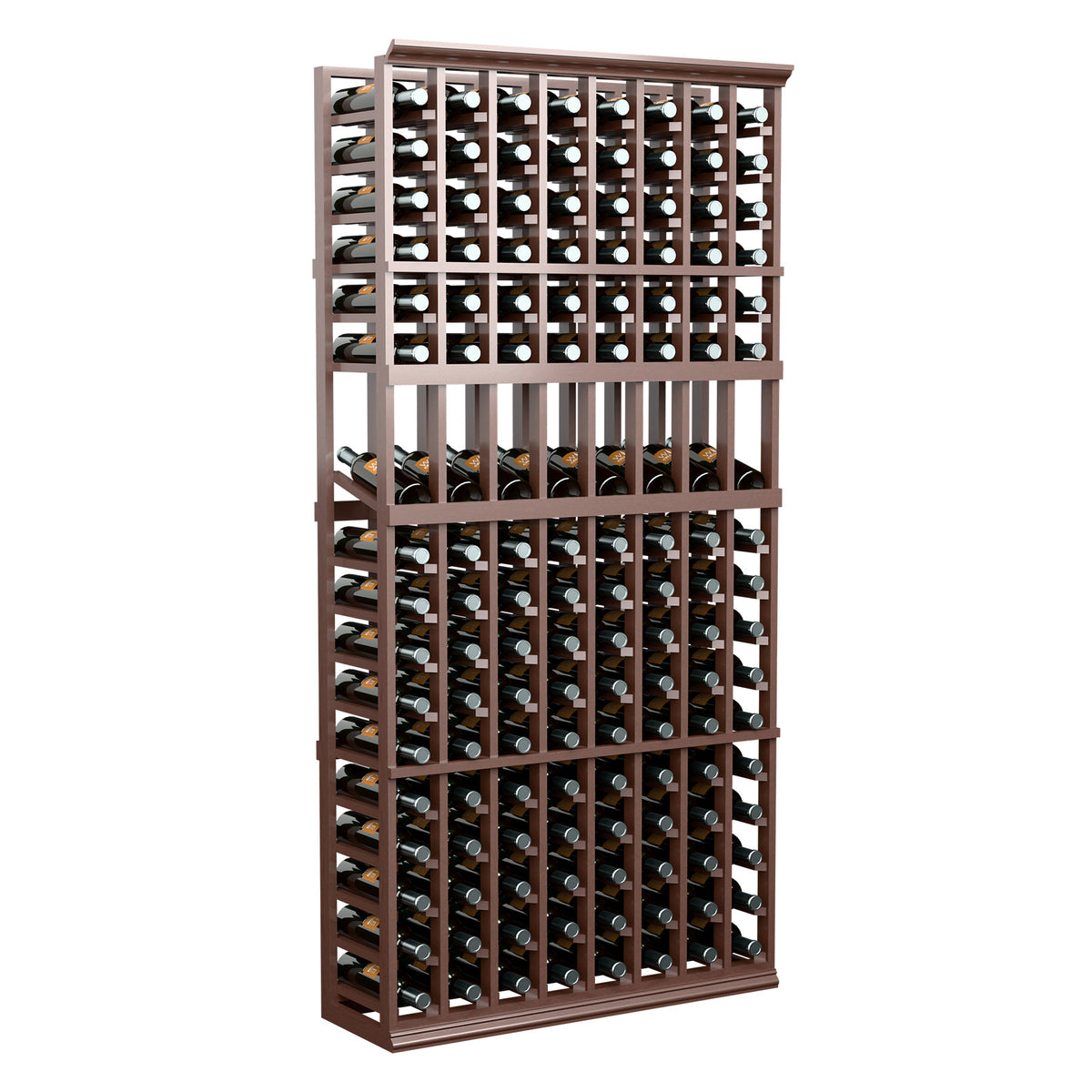 Wine bottle display rack with 8 columns, dark wood frame, holds multiple bottles