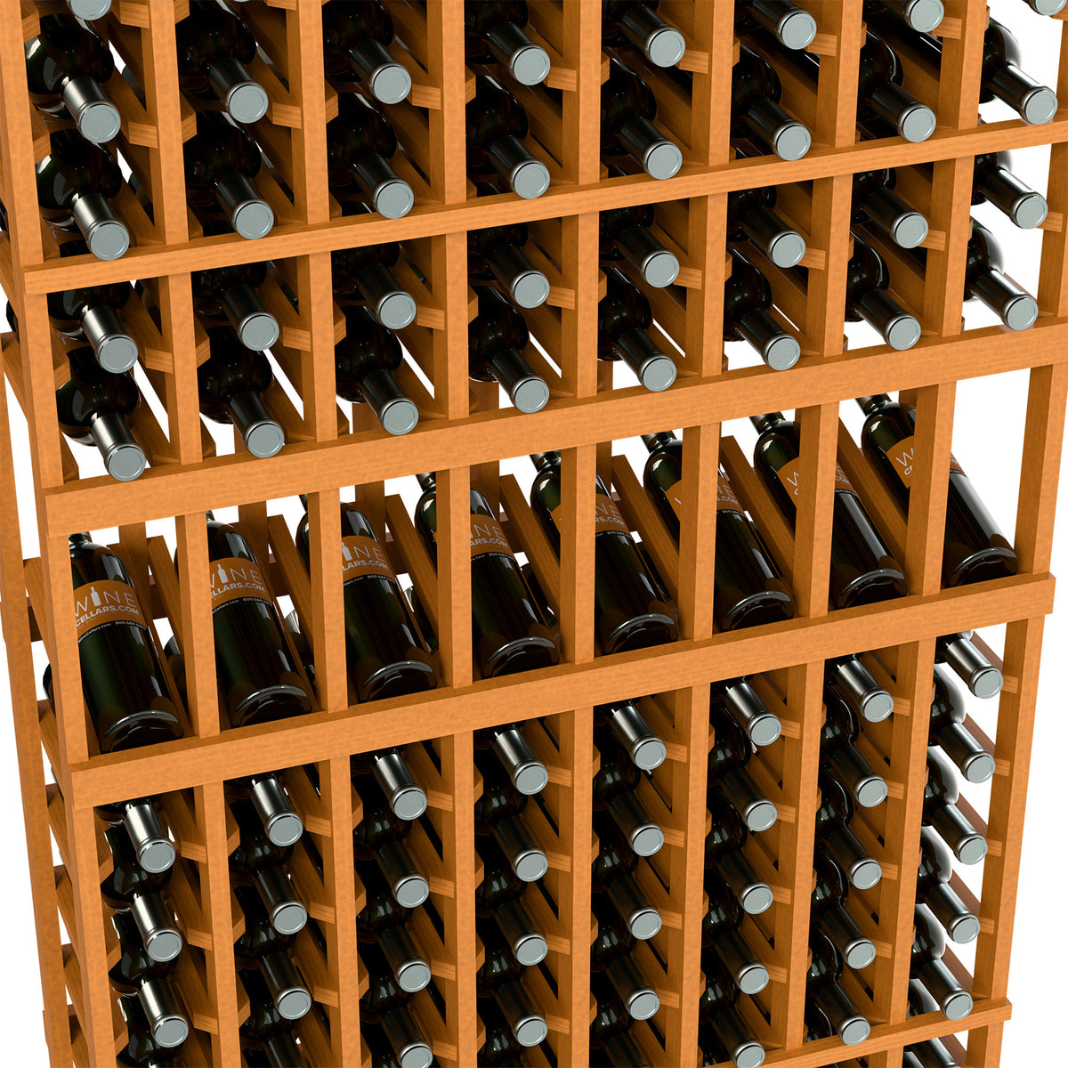 Wine bottle display rack close-up: bottles in rows on a light wood lattice frame