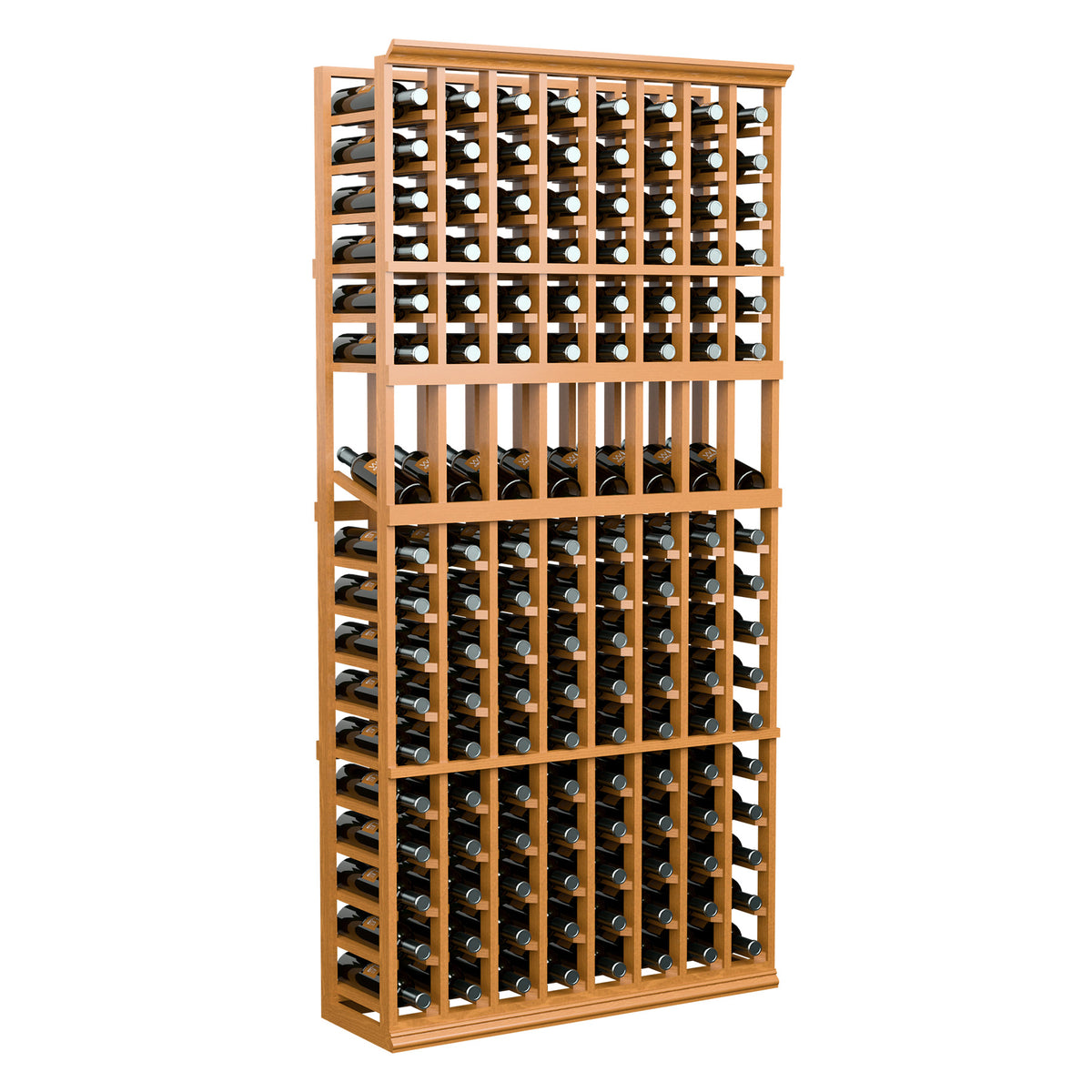 Wine bottle display rack with 8 columns, warm light wood frame, holds multiple bottles
