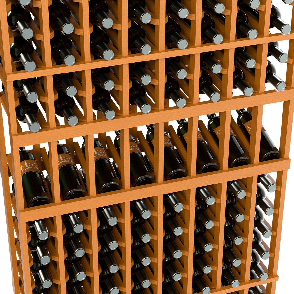 Wine bottle display rack close-up: bottles arranged in rows on light wood supports