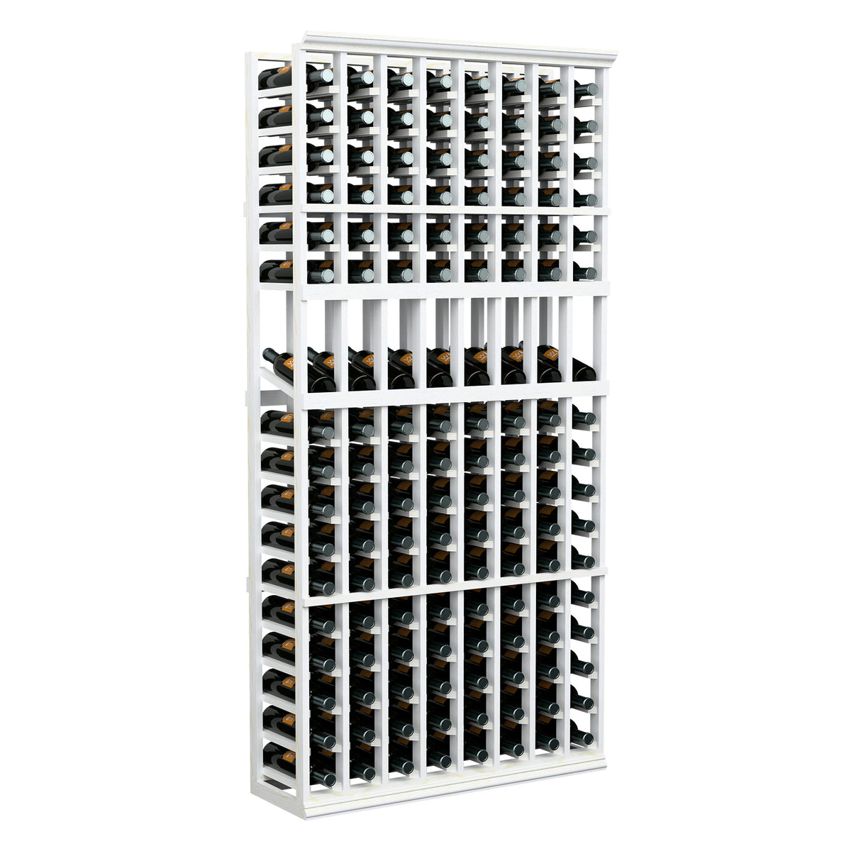 Wine bottle display rack with 8 columns, white frame, holds multiple bottles