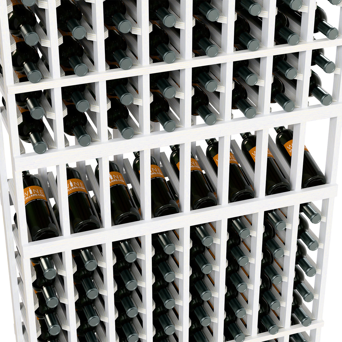 Wine bottle display rack close-up: bottles in rows with white lattice dividers
