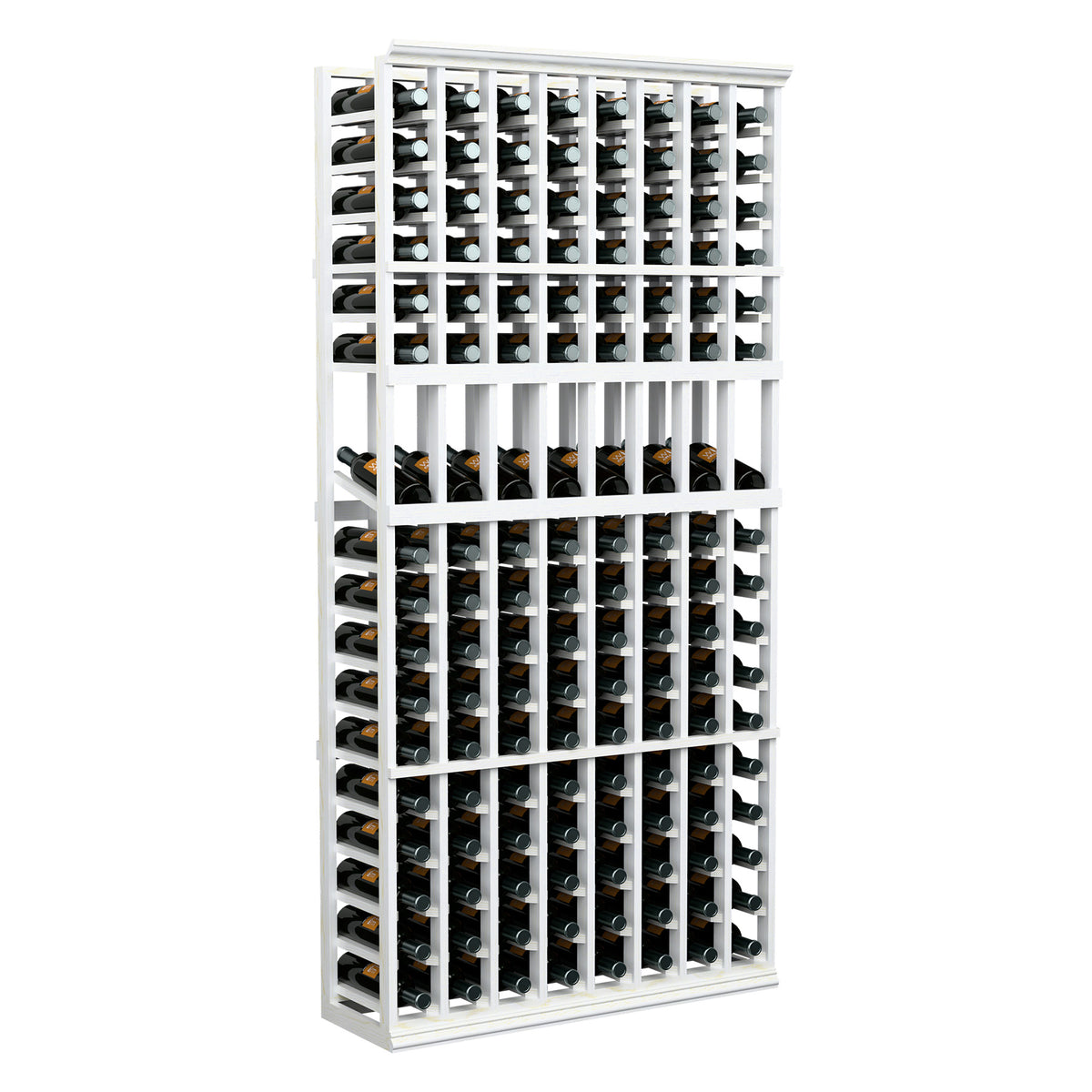 Wine bottle display rack with 8 columns, white frame, holds multiple bottles