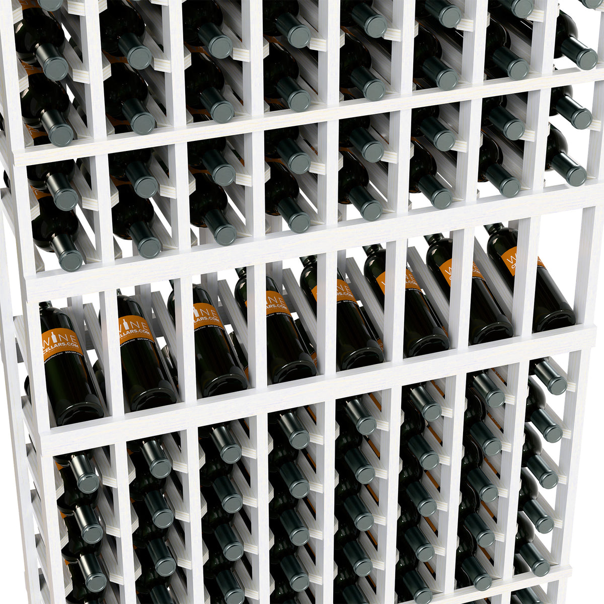 Wine bottle display rack close-up: bottles in rows on a white frame grid