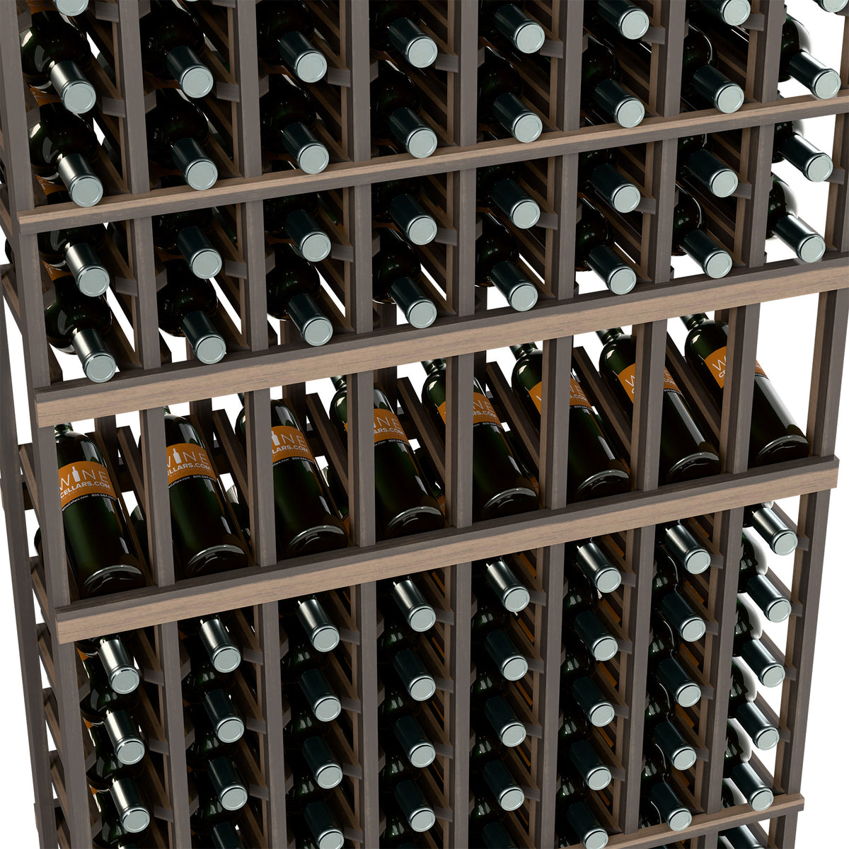 Close-up of dark wine rack with bottle necks in horizontal wooden rows