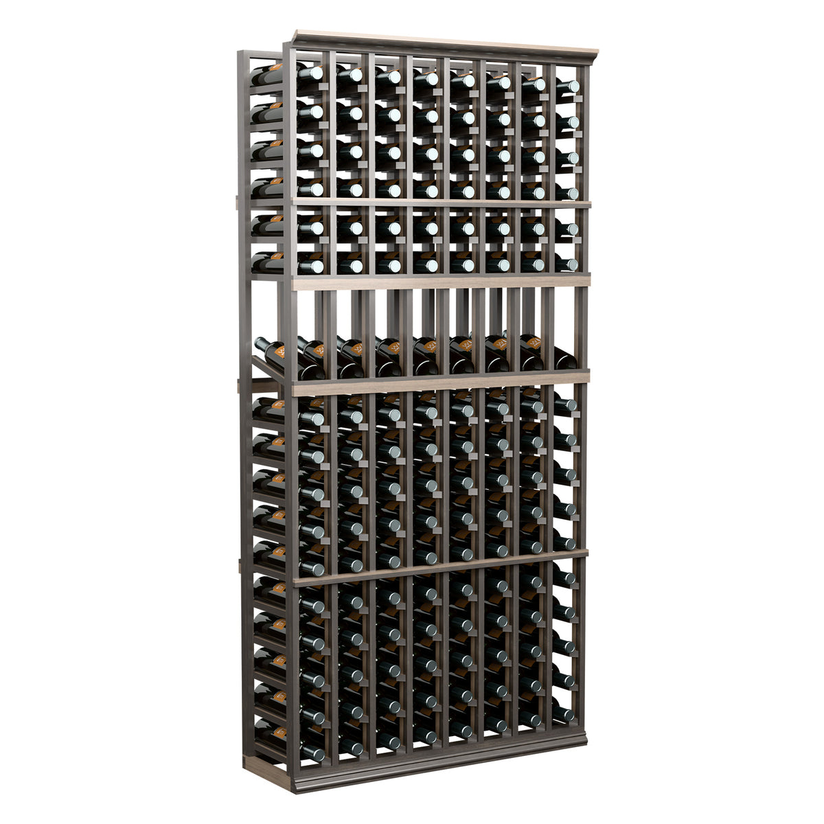 6FT wine bottle display rack with blackened wood frame and full bottle rows