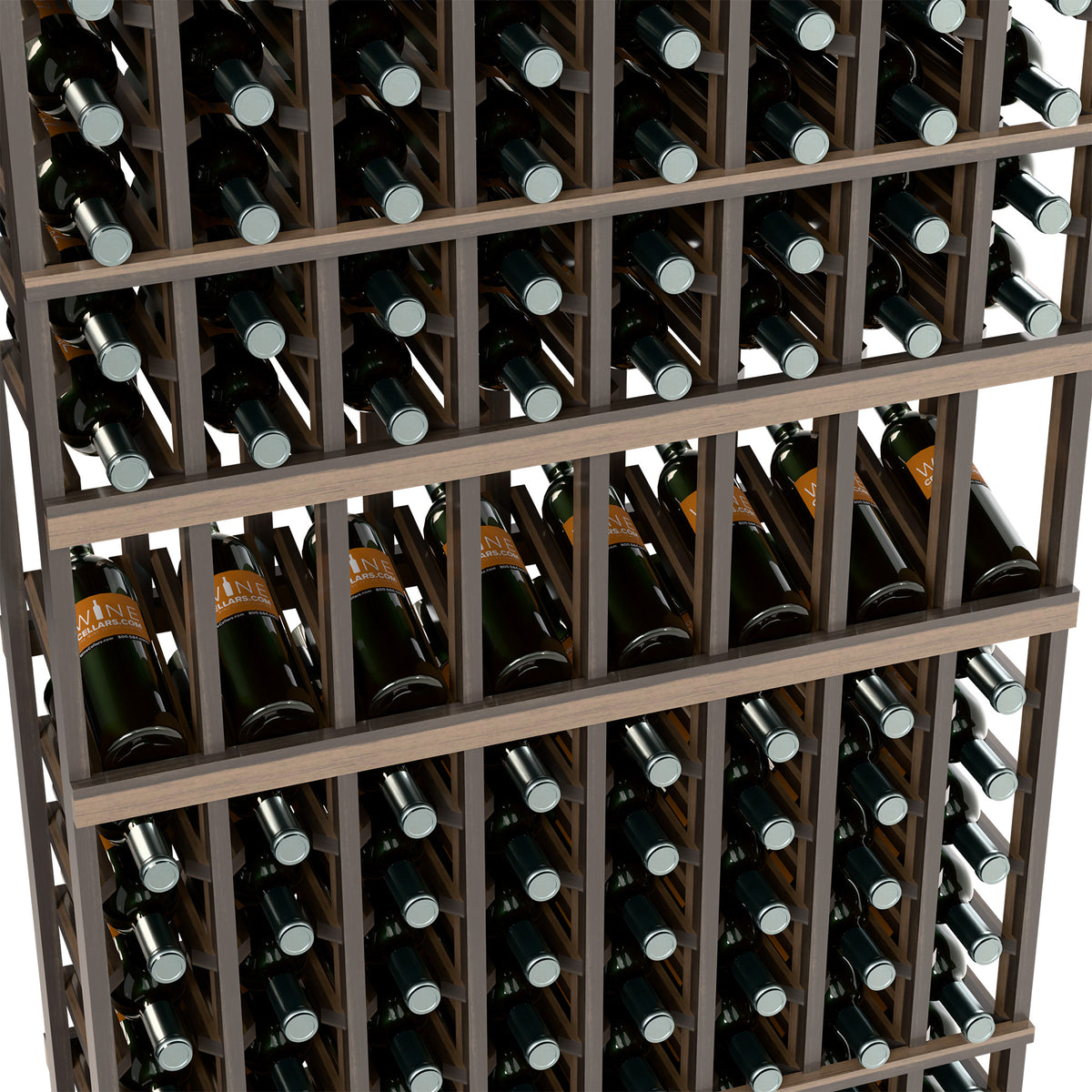 Close-up view of dark wine bottle rack with front-facing bottle necks