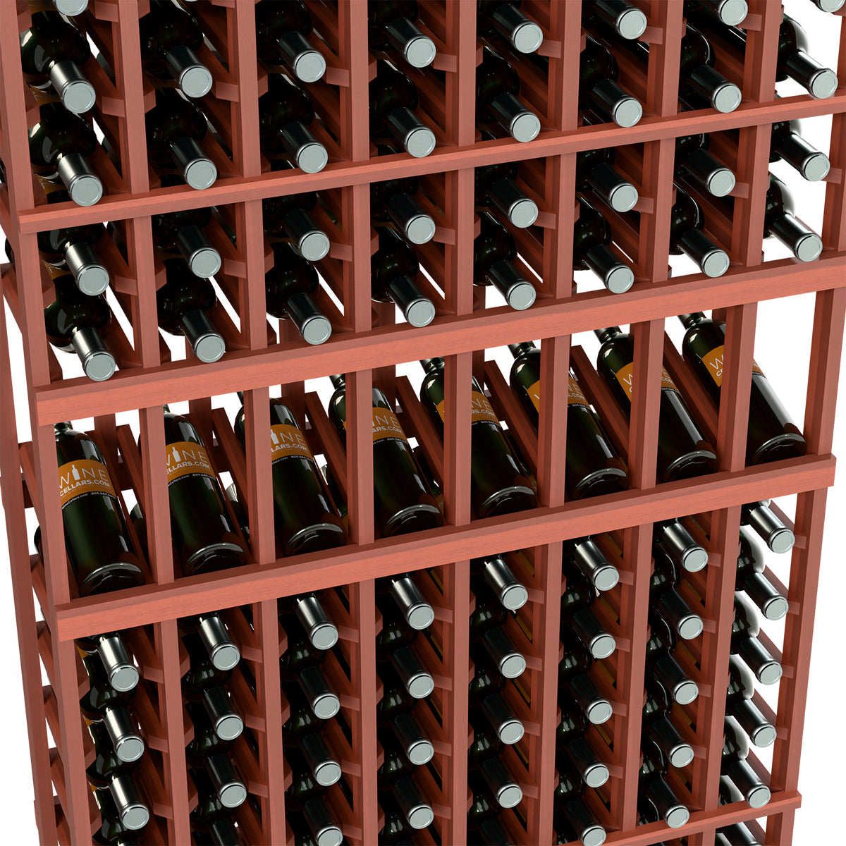Close-up of red-brown wine rack showing bottle necks in wooden compartments