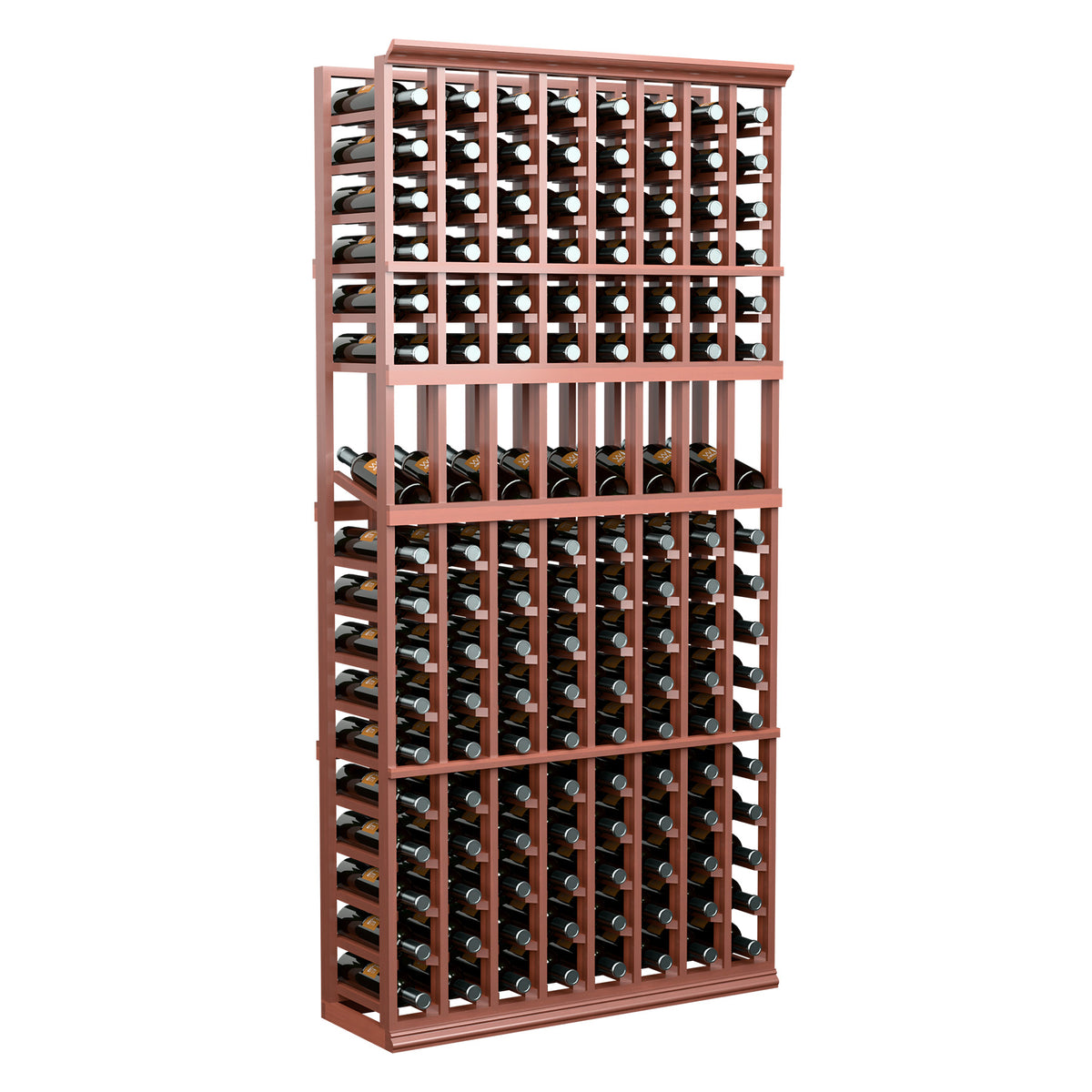 6FT wine bottle display rack with warm red wood frame and multiple bottle rows