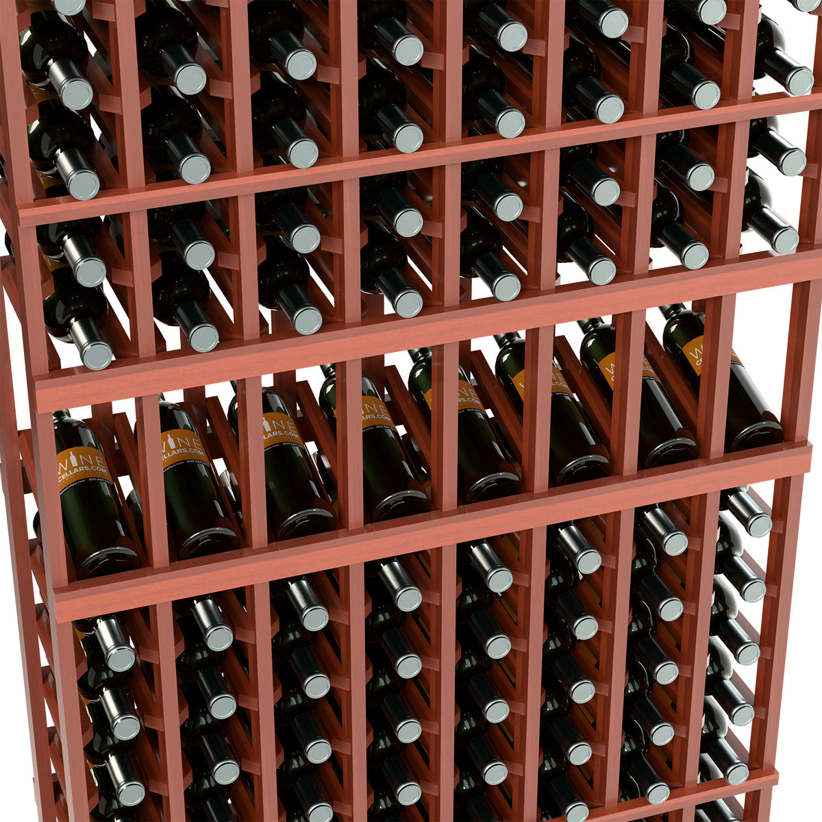 Close-up view of red wine rack with bottles stored in front-facing slots