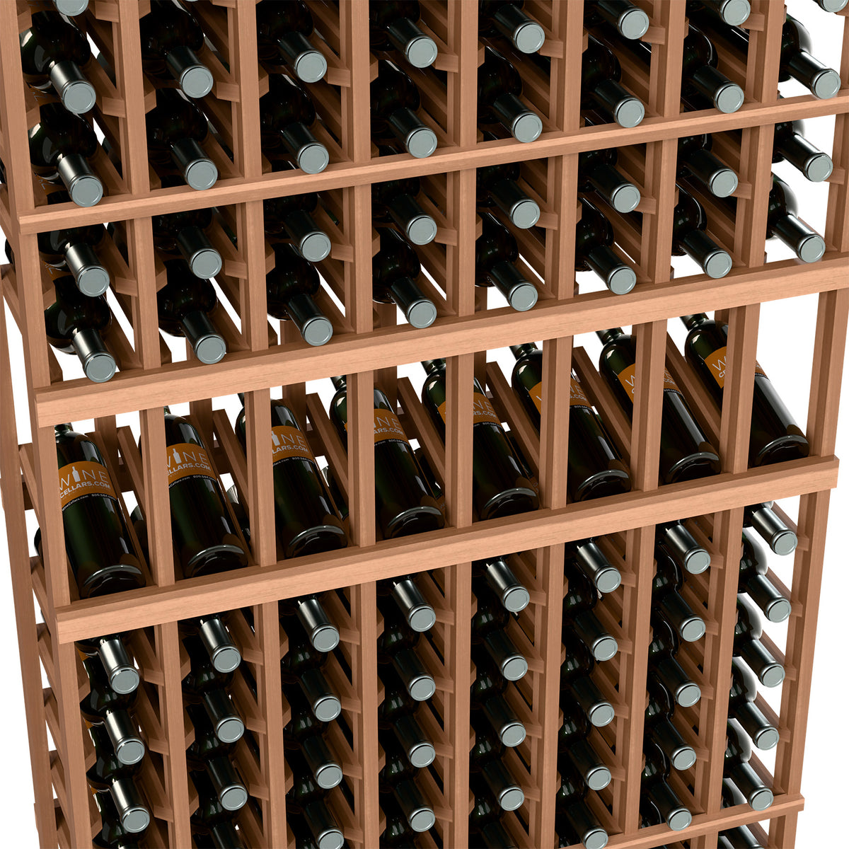 Close-up of light wine rack with bottle necks in horizontal wooden rows