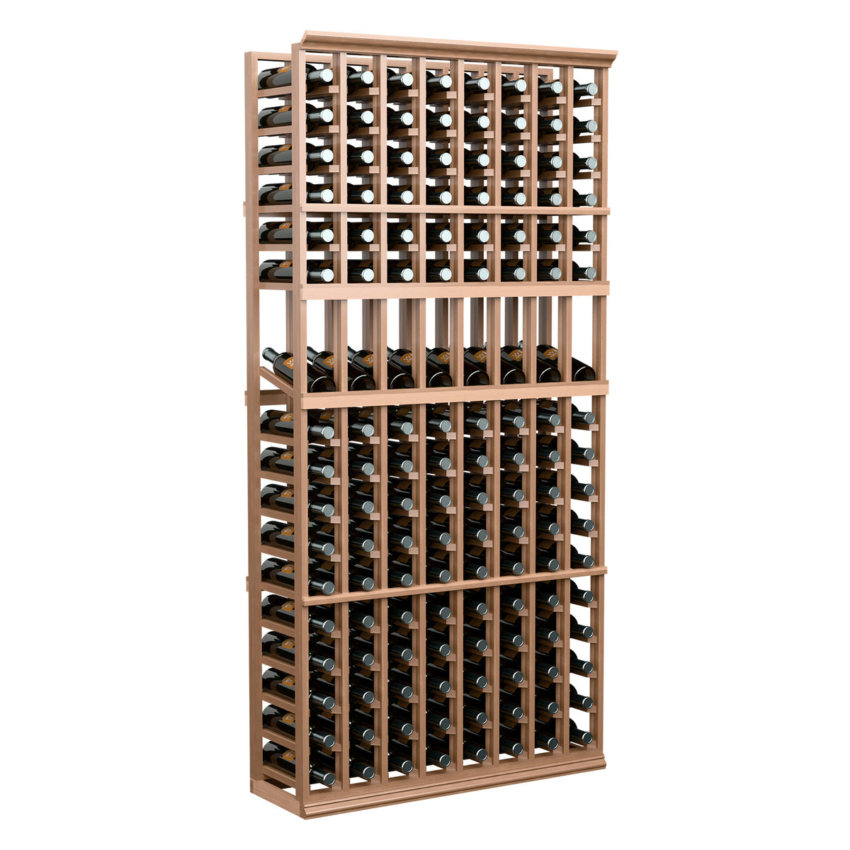 Wood wine bottle display rack with multiple rows and front bottle openings