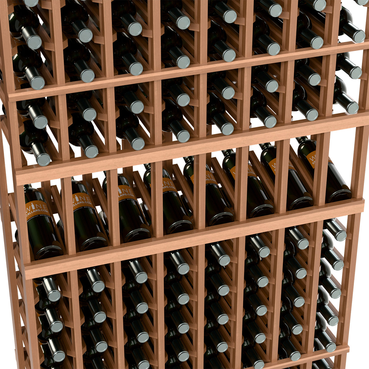 Wine bottle display rack close-up with staggered bottle slots in light wood frame