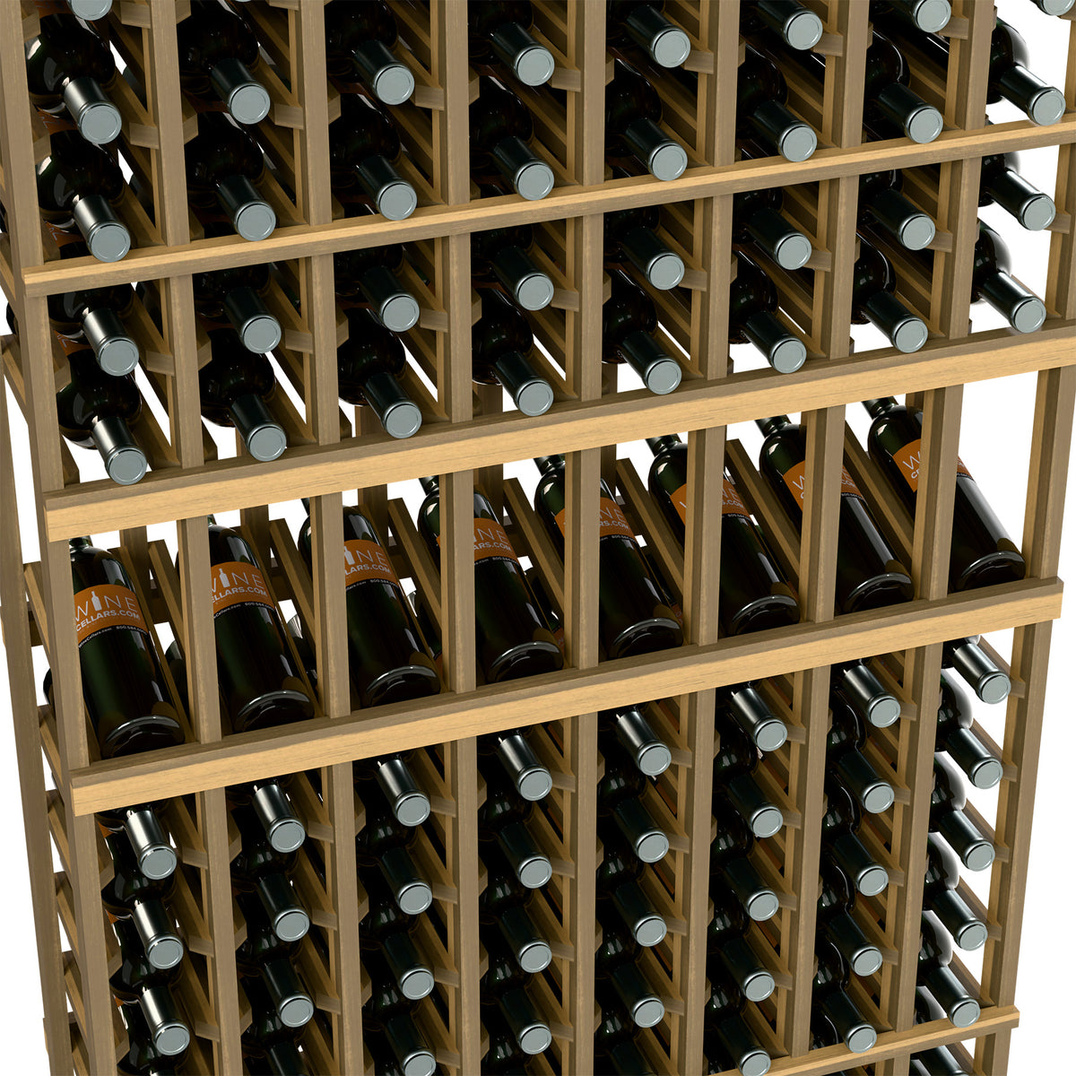 Wine bottle display rack close-up showing bottle slots in light wood frame