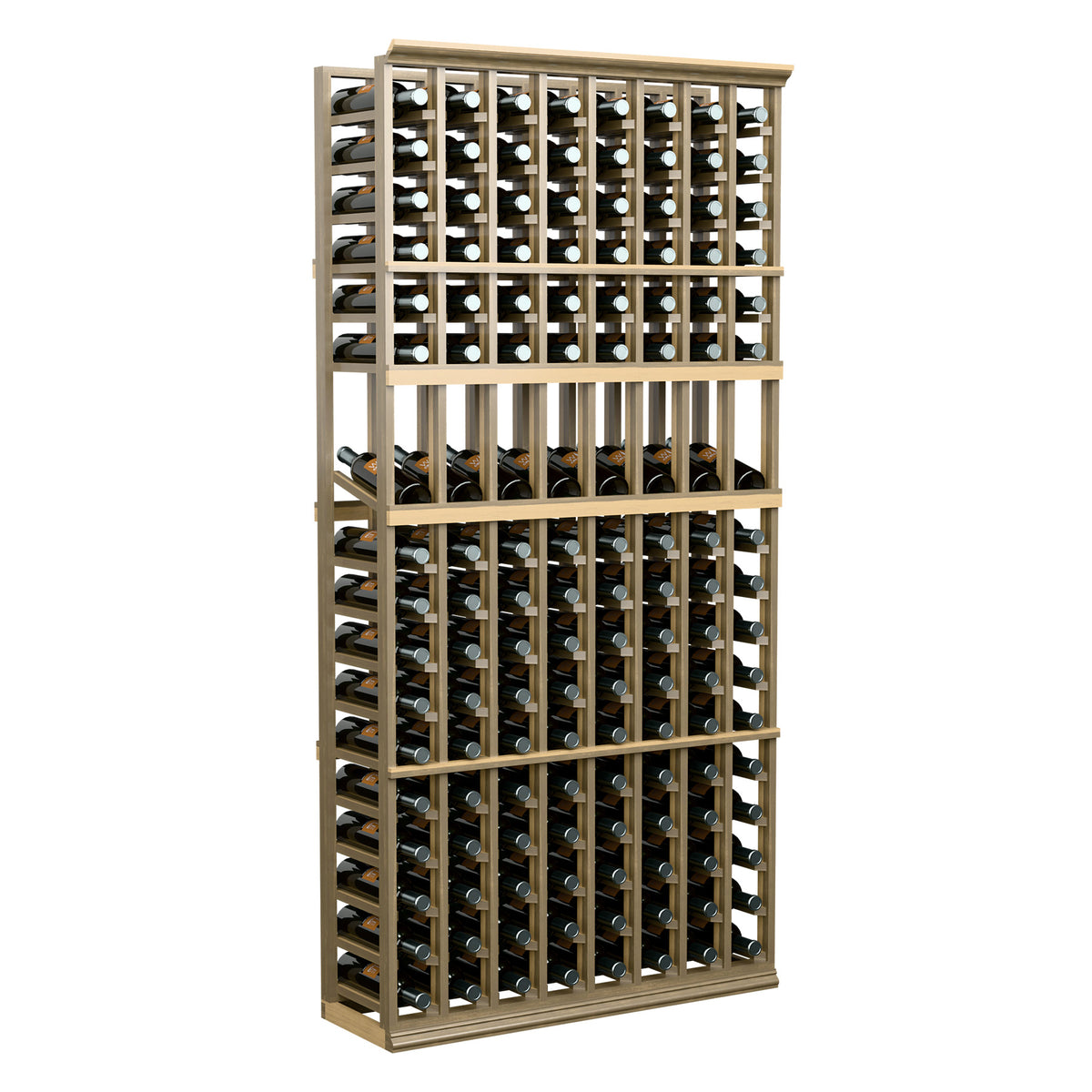 Wine bottle display rack with light wood frame and many bottle compartments