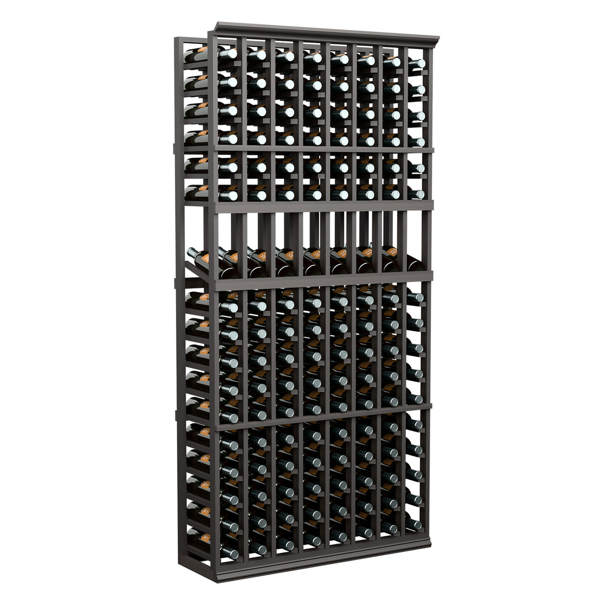 Wine bottle display rack with dark frame and stacked rows of bottle holders