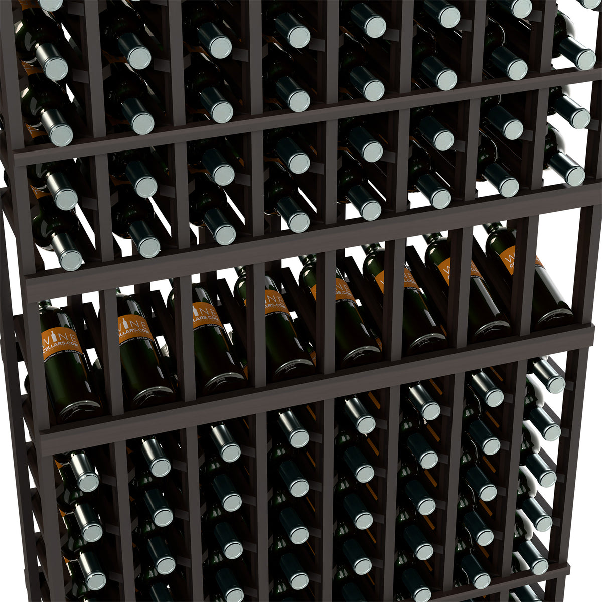 Wine bottle display rack close-up showing bottle slots in dark wood frame