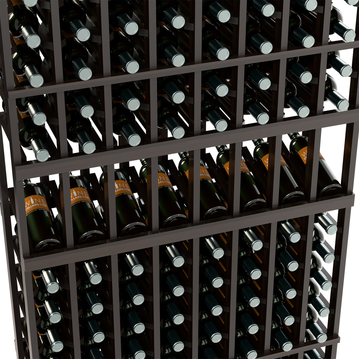 Wine bottle display rack close-up with rows of bottles in dark frame