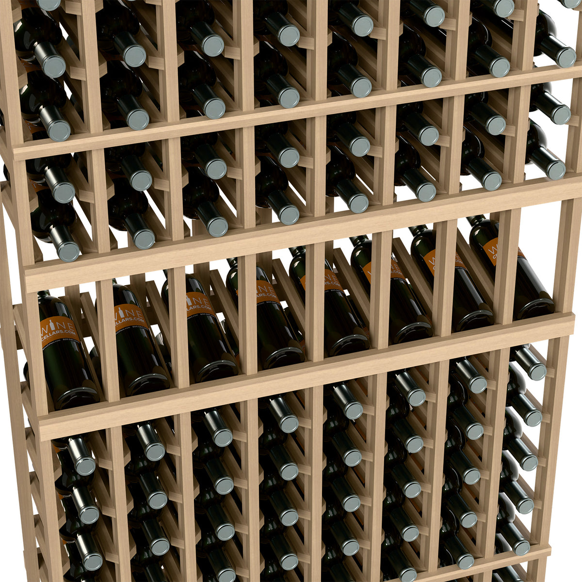 Close-up of natural wood wine bottle display rack showing rows of bottle slots and bottle necks