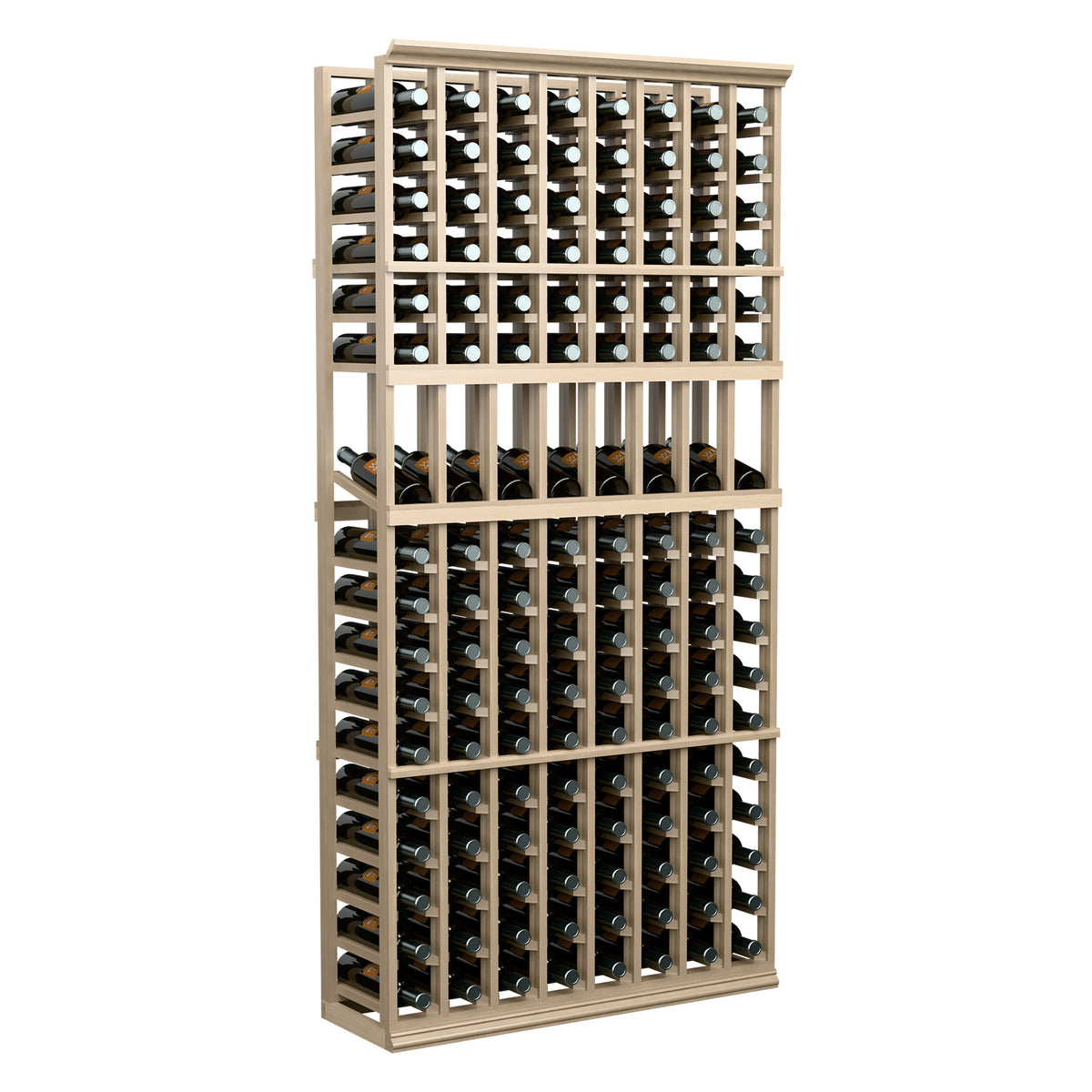 Natural wood wine bottle display rack with black bottle storage cradles and many bottle openings