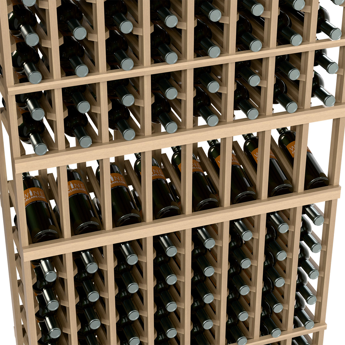 Close-up of natural wood wine bottle display rack with bottle slots and metal bottle bases