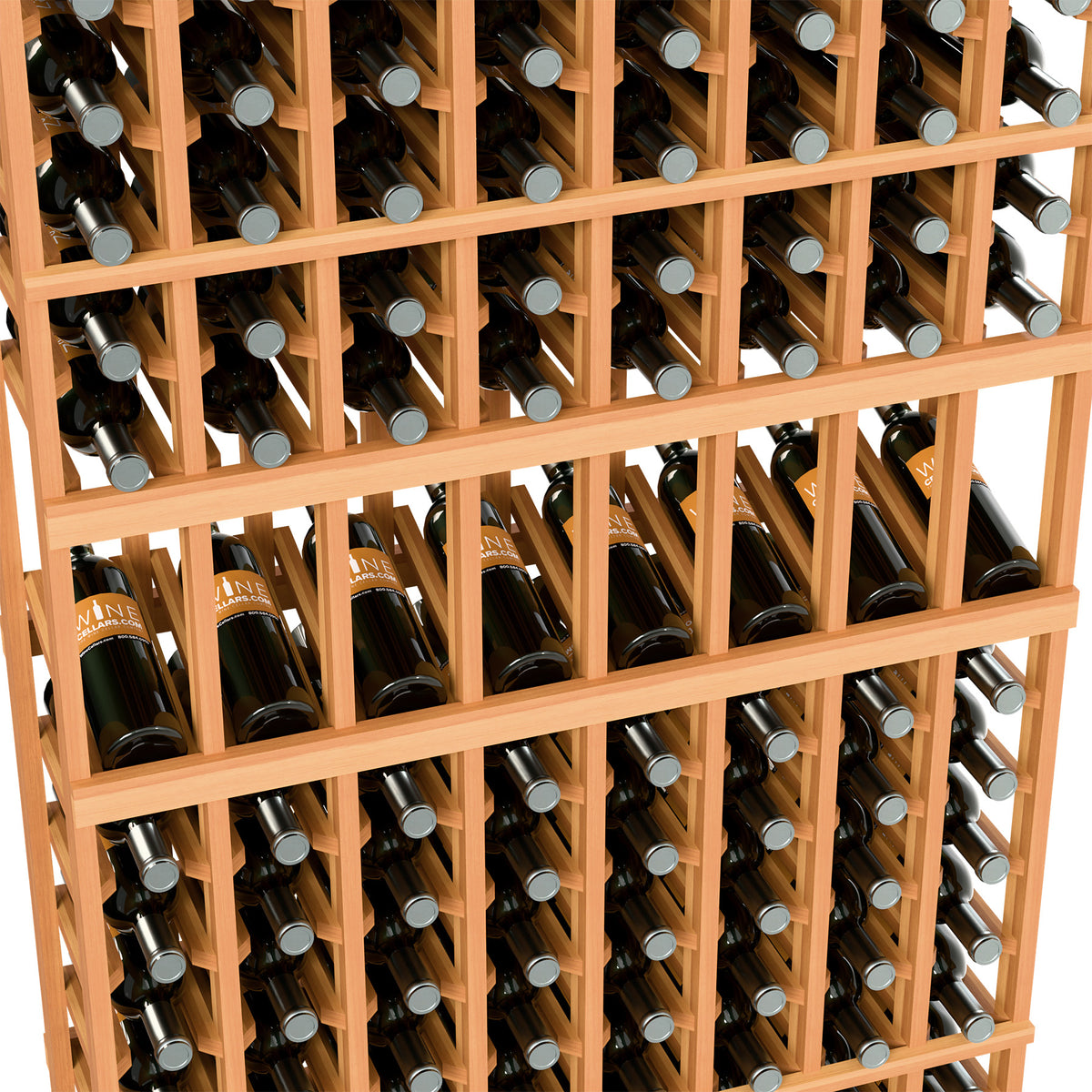 Close-up of orange stained wood wine bottle display rack showing rows of bottle slots