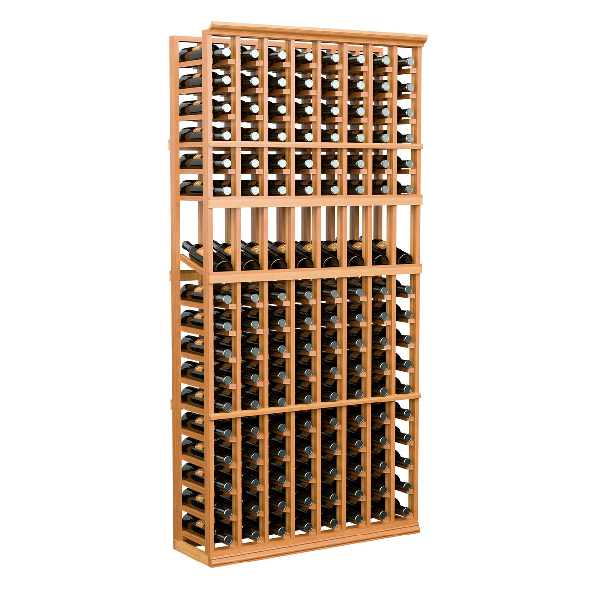 Orange stained wood wine bottle display rack with filled rows of wine bottles and bottle openings