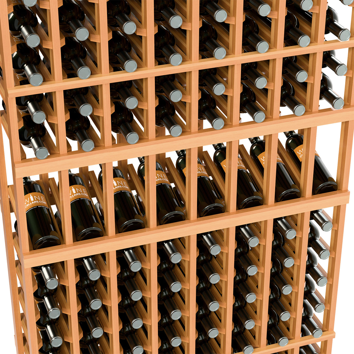 Close-up of orange stained wood wine bottle display rack with wine bottles in grid slots