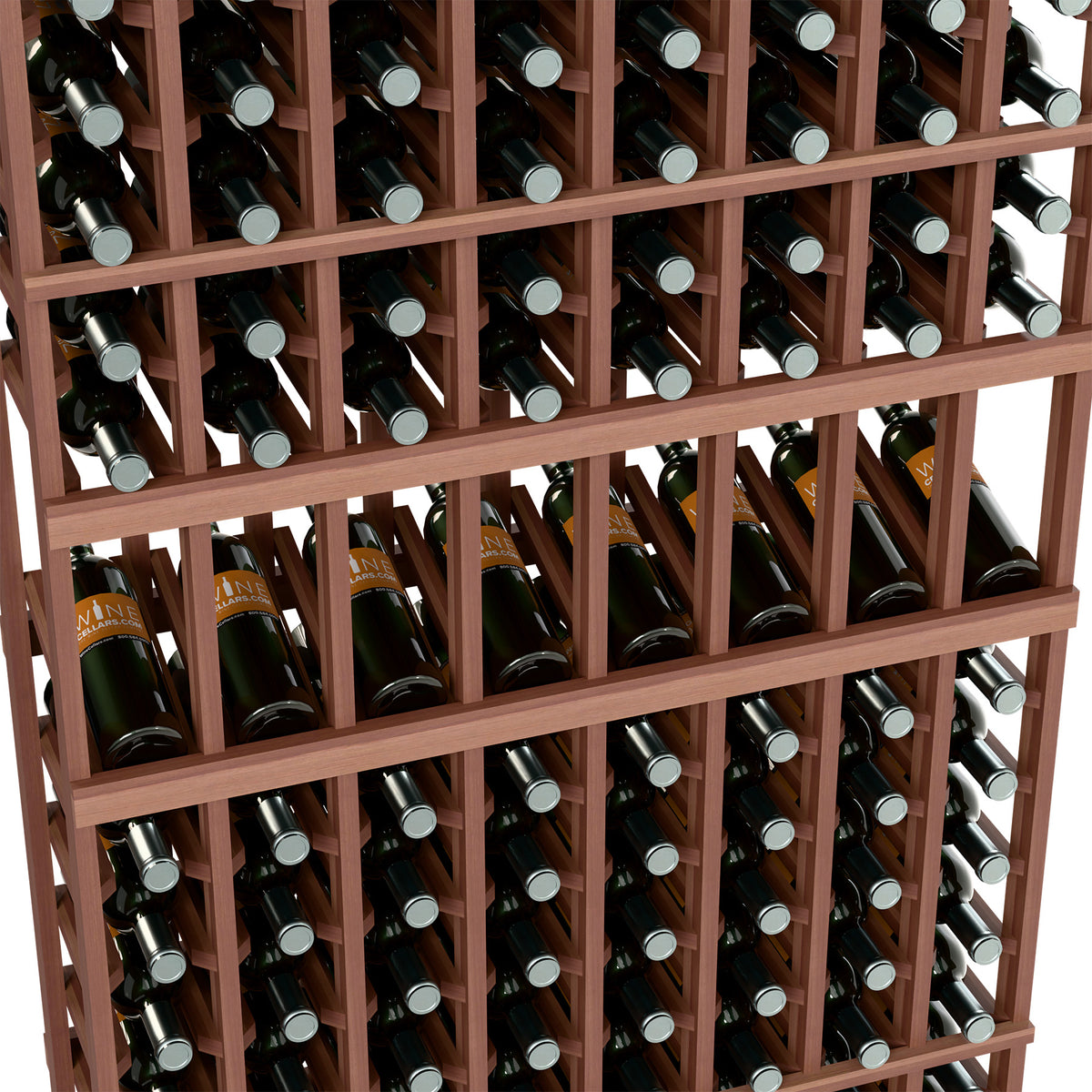 Close-up of dark brown wine bottle display rack showing rows of bottles in wooden slots