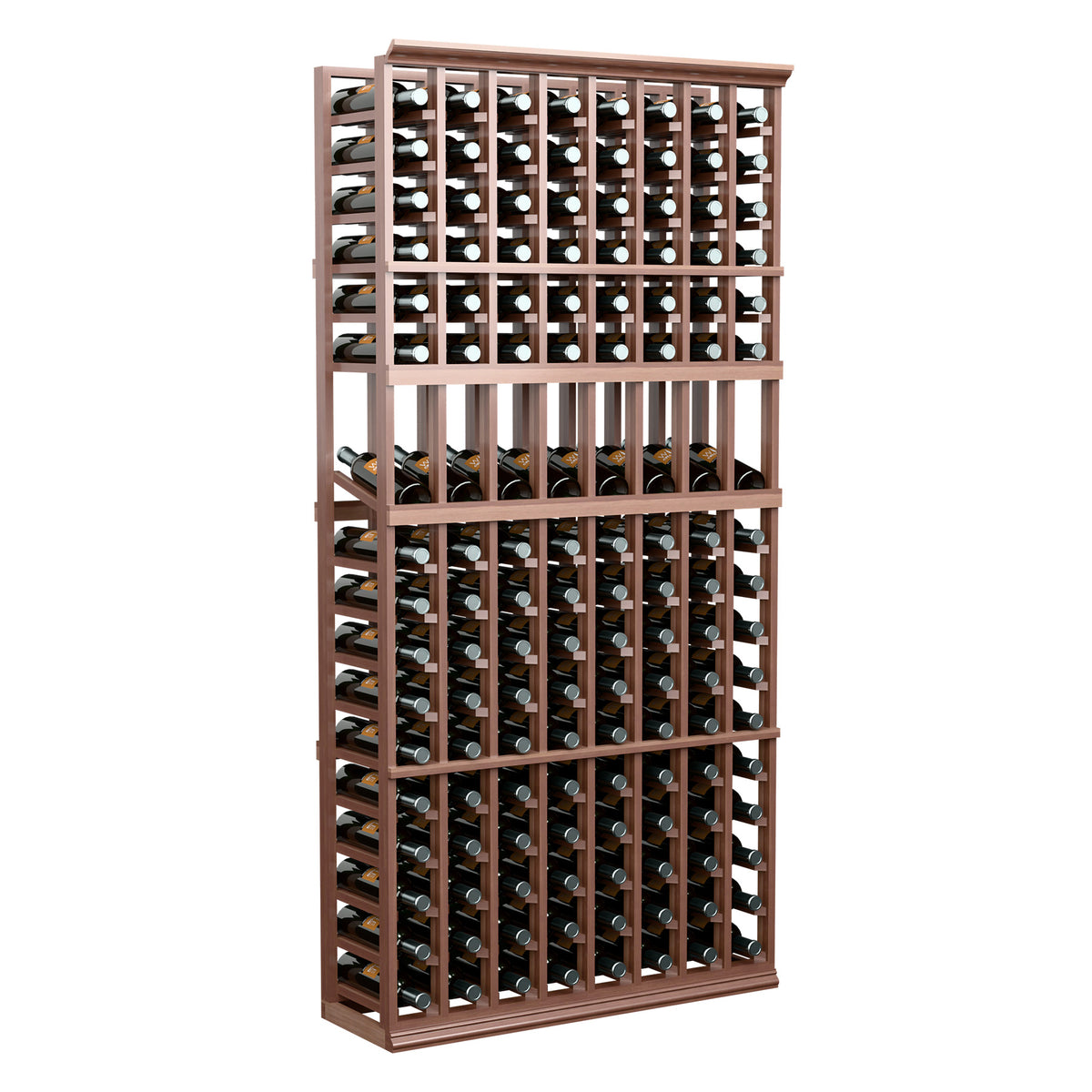 8-column 6ft wine display rack with dark wood frame and bottle slots