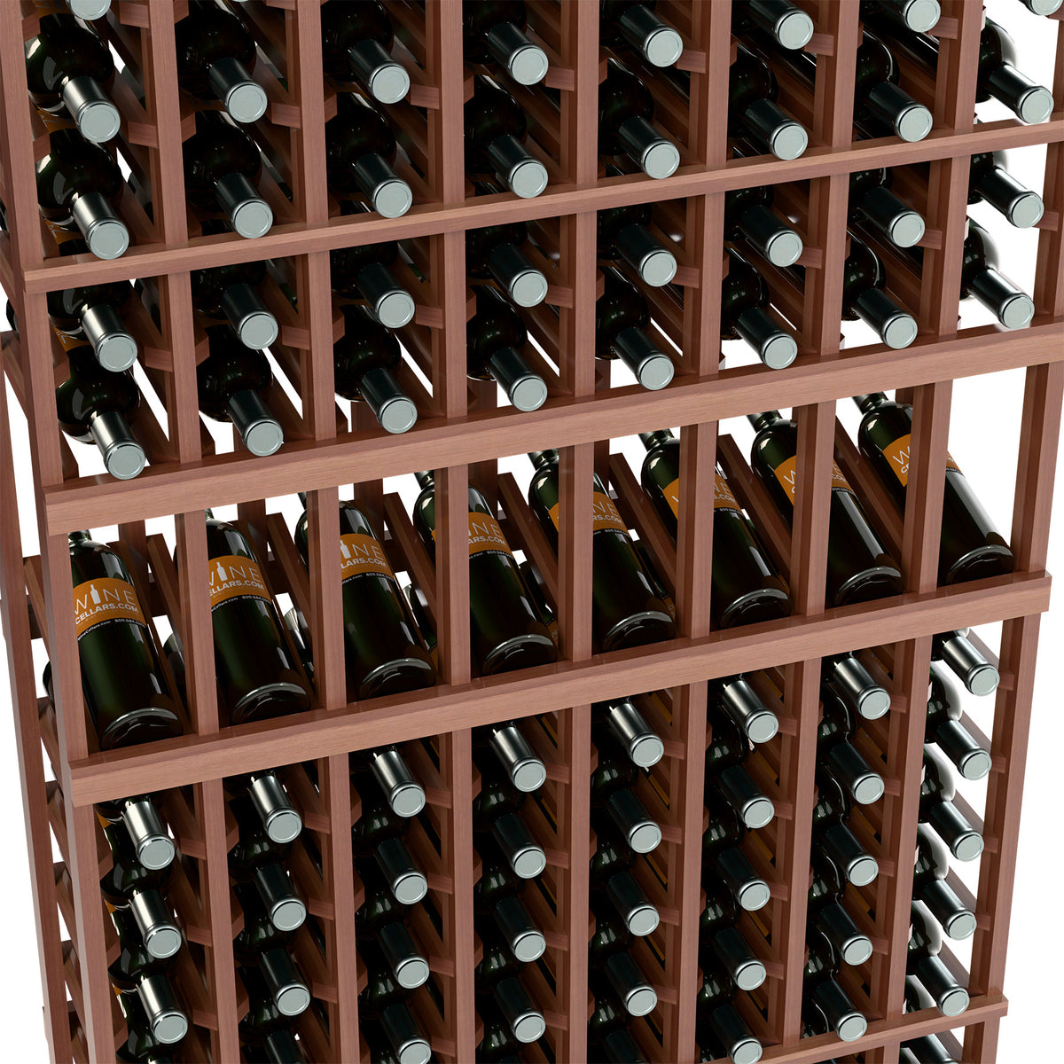 8-column 6ft wine display rack close-up of dark wood bottle holders