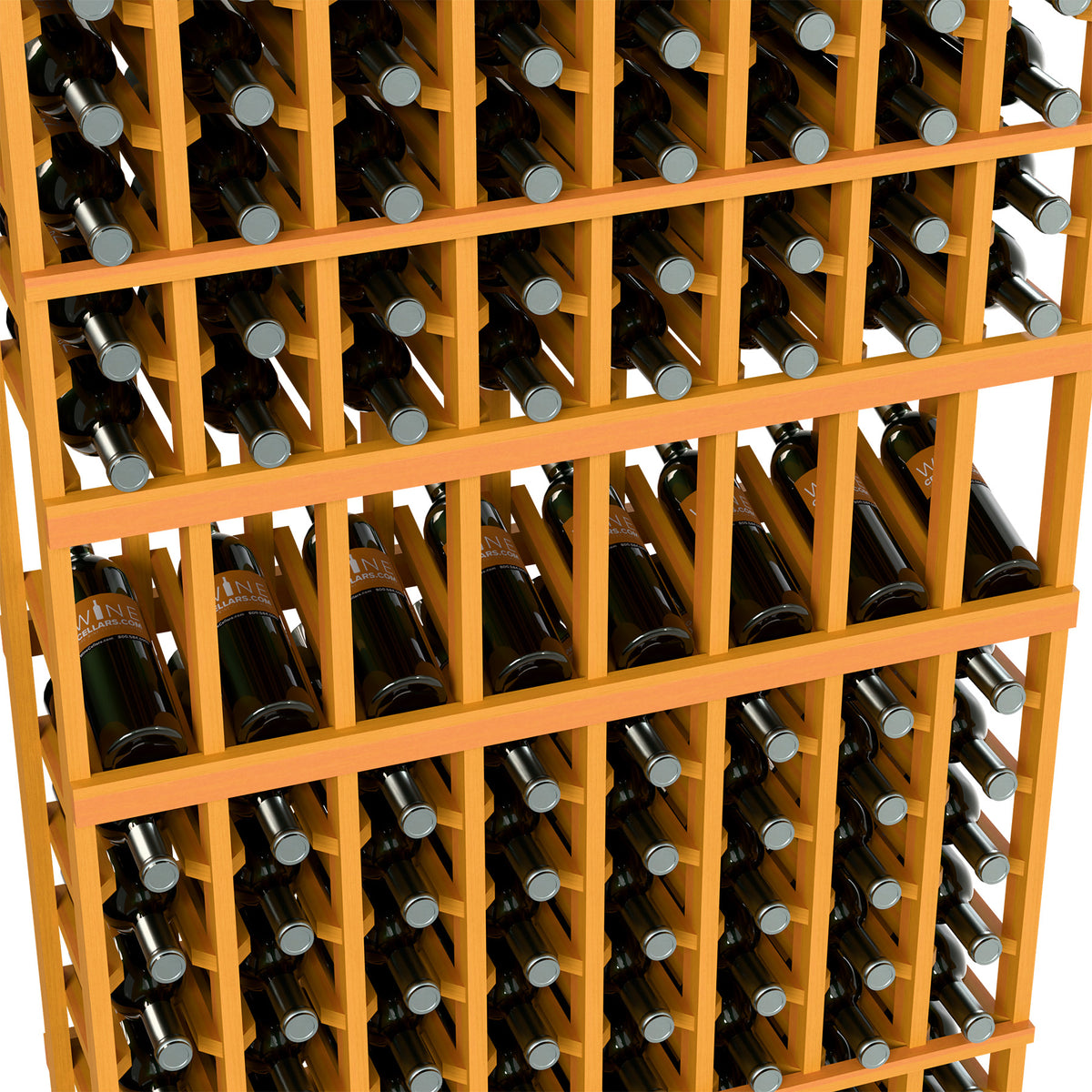 8-column 6ft wine display rack close-up of light wood bottle holders