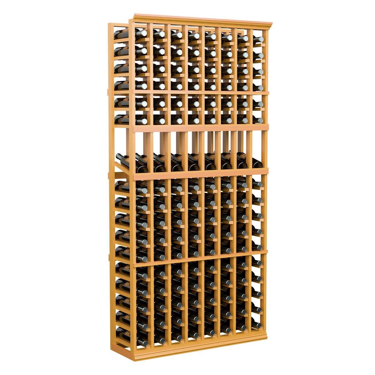Tall 8-column 6ft wine display rack with golden wood frame and bottle slots