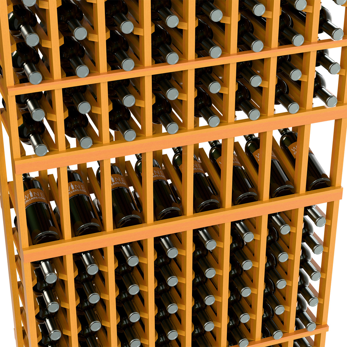 8-column 6ft wine display rack close-up of golden wood bottle holders