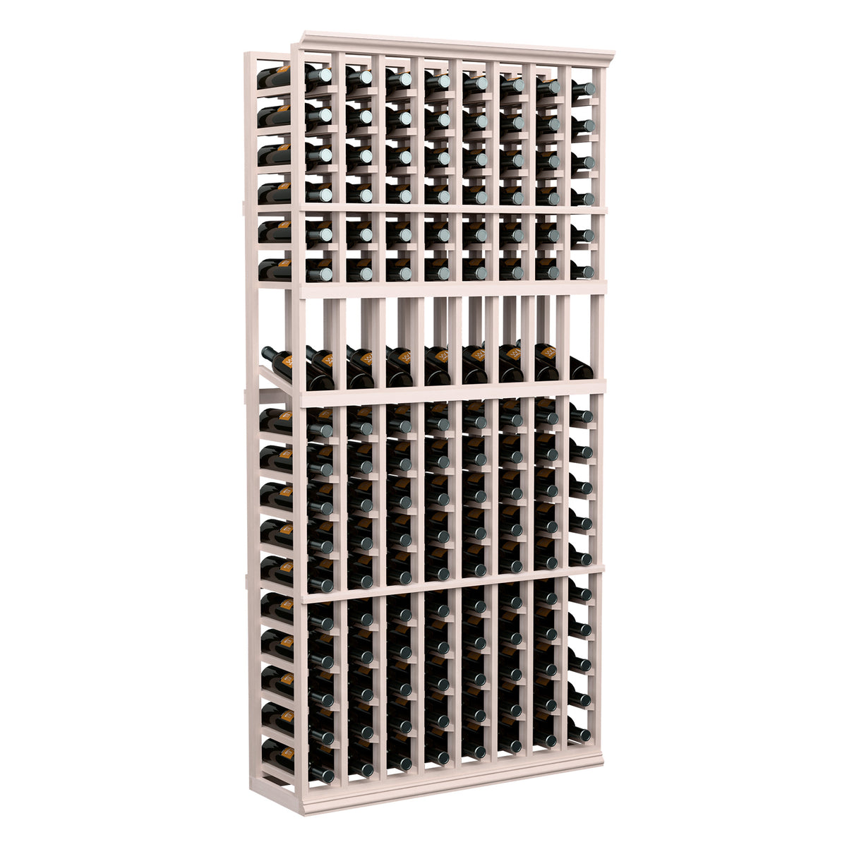 8-column 6ft wine display rack with whitewashed frame and bottle slots
