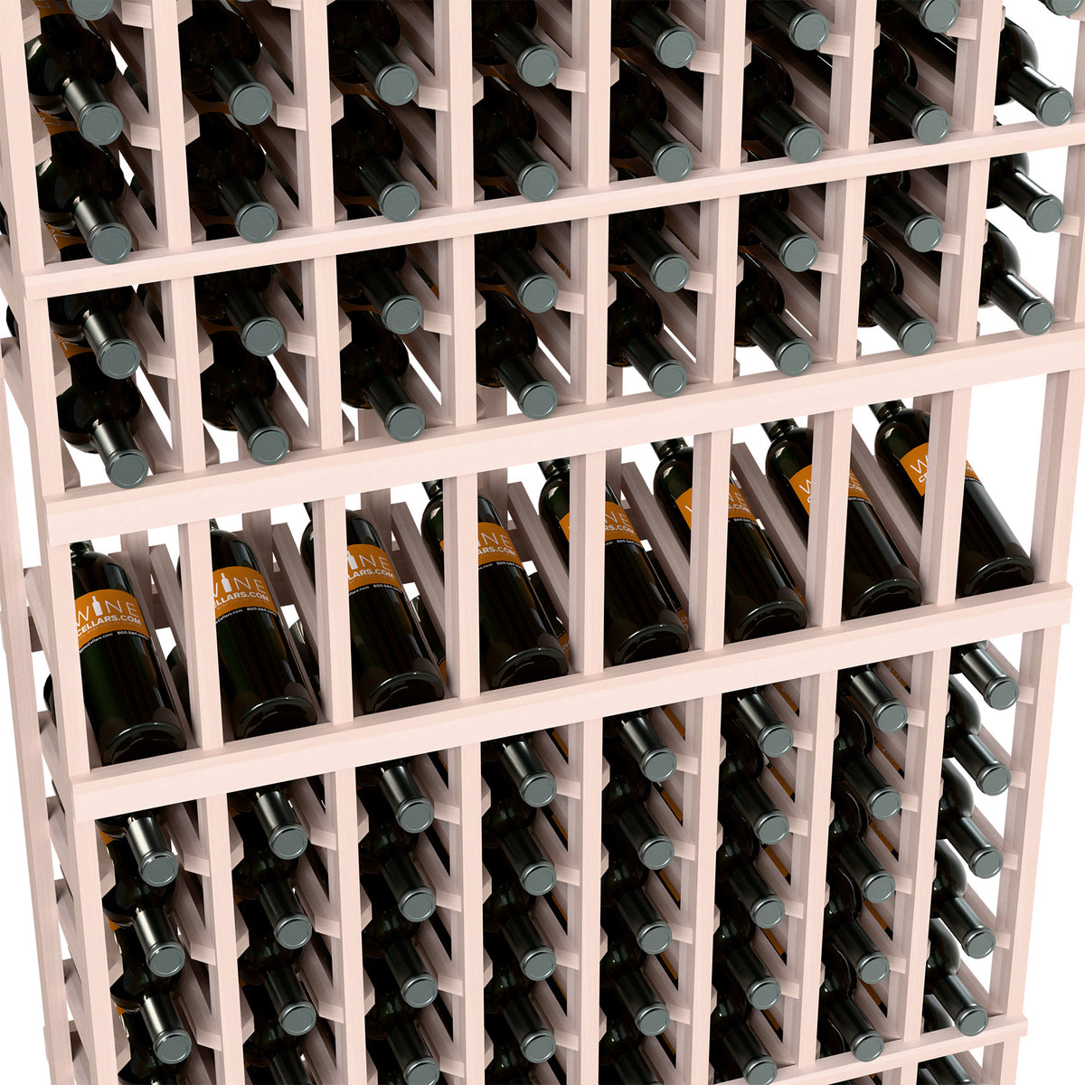 8-column 6ft wine display rack close-up of whitewashed bottle holders
