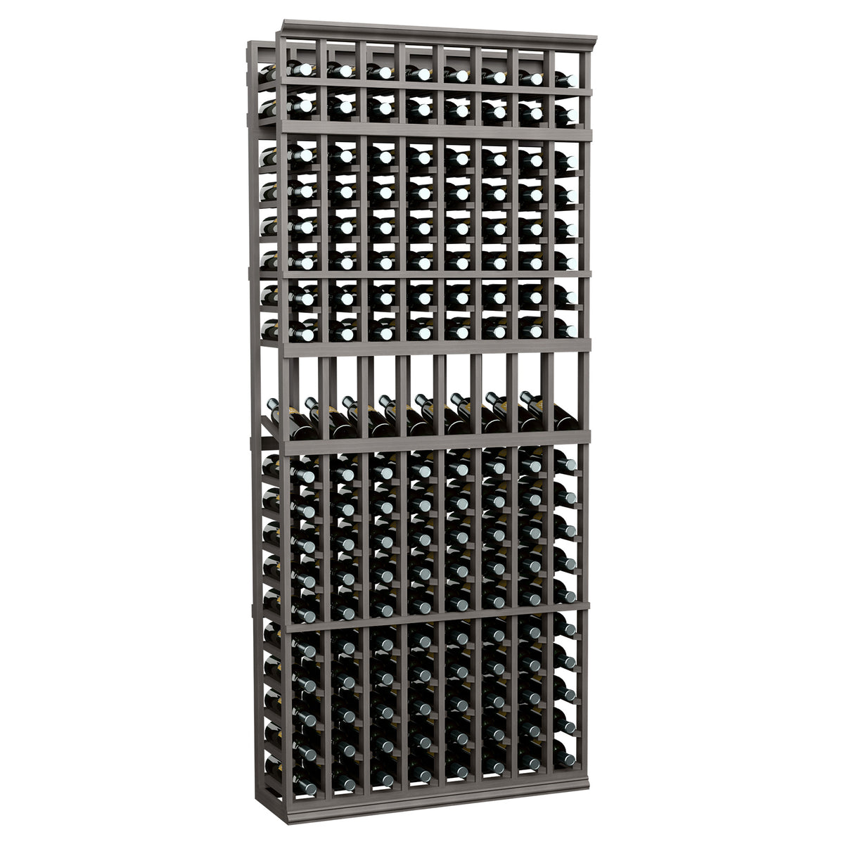 8-column 7-ft wine display rack with black frame and open front bottle slots