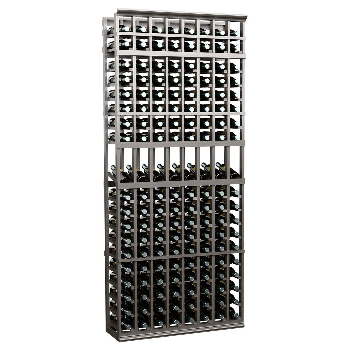 8-column 7-ft wine display rack with grey frame and open front bottle slots