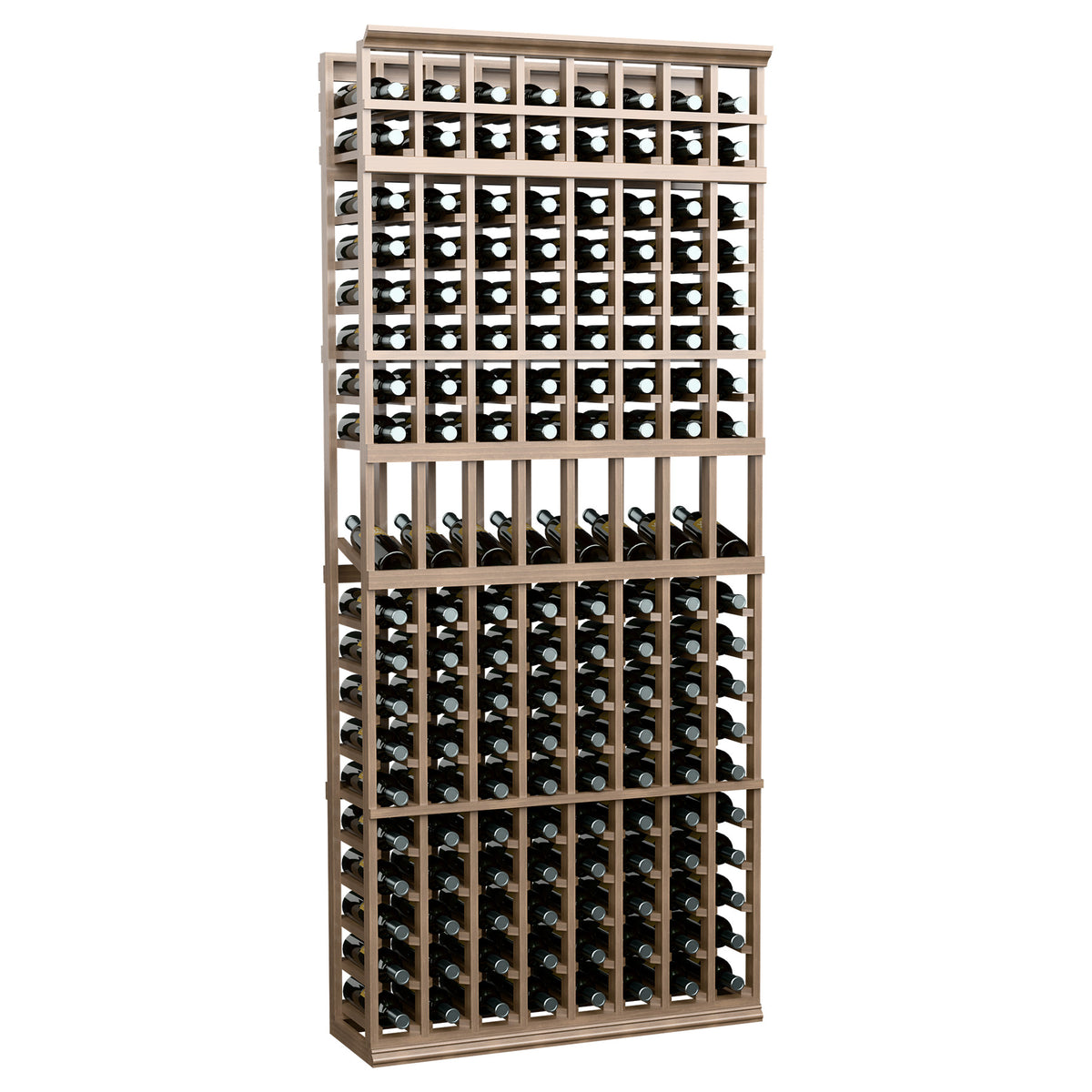 8-column 7-ft wine display rack with darker brown frame and open front bottle slots